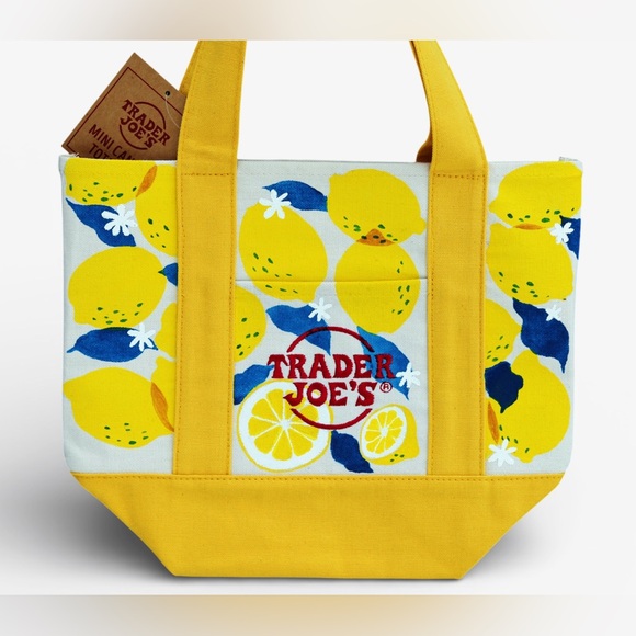 Hand Painted Trader Joe’s Mini Tote Lemon Yellow Canvas Bag - Picture 2 of 3